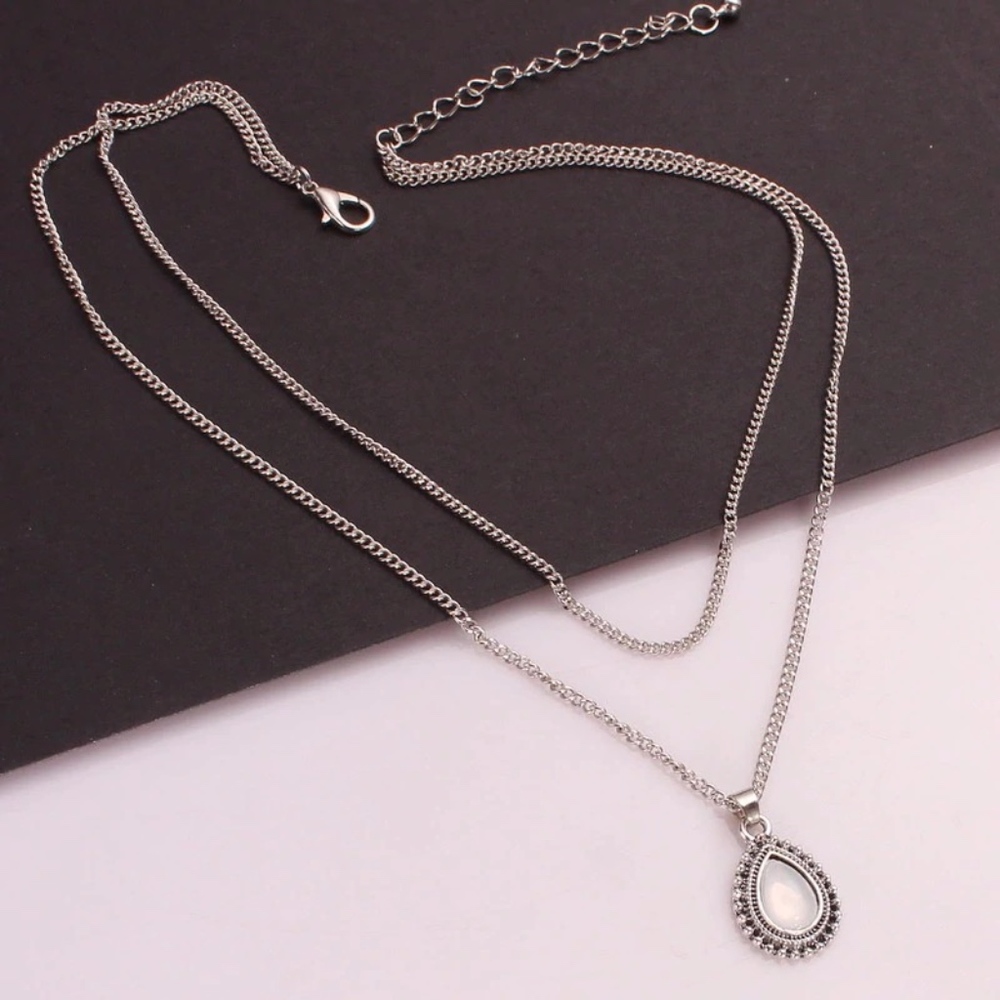 Water Drop Bead Double Chain Silver Necklace - Picture 7 of 8
